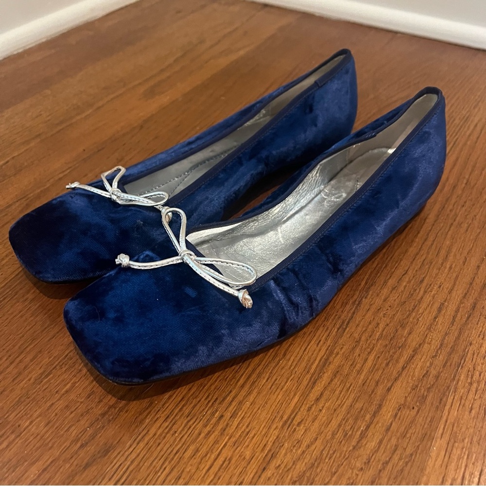 Kate Spade Navy Velvet Flats with Silver Bow